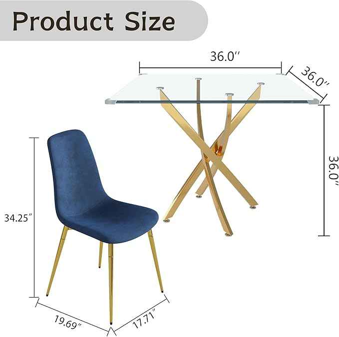 36" Square Glass Dining Table Set for 4, 5-Piece Modern Kitchen Table with 4 Blue Scoop-Shape Velvet Chairs, Modern Circle Leisure Table for Home Office Dining Room Small Spaces (Gold Leg)