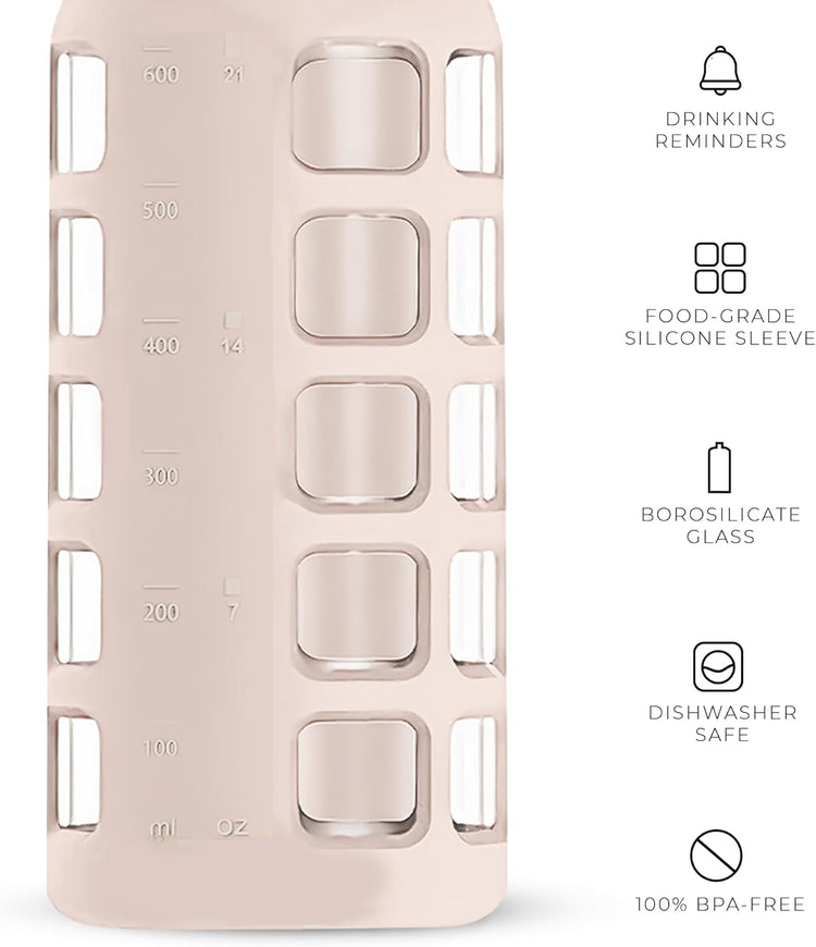 purifyou 40oz / 32oz / 22oz / 12oz Borosilicate Glass Water Bottle with Time & Volume Markers, Silicone Sleeve, Stainless Steel Lid – Reusable Glass Bottle for Water & Juice (22oz Hazelnut)