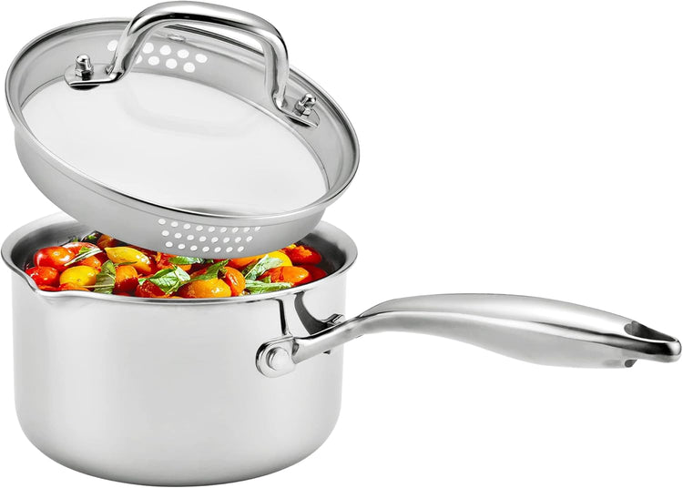 Tri-Ply Stainless Steel Sauce Pan with Steamer Basket & Straining Glass Lid — Heavy-Duty,Thick Base,Rust-Resistant,Warp-Free —100% Food-Grade —Built to Last– Works with All Stovetops, Pasta Pot 3.5 QT