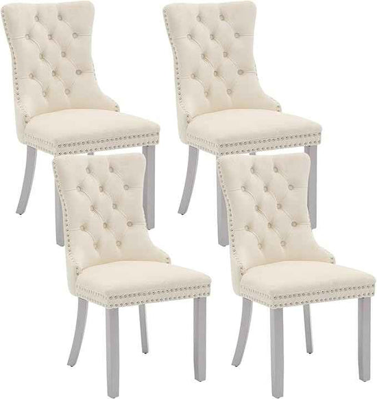 Velvet Dining Chairs Set of 4, Kitchen & Dining Room Chairs, Upholstered Dining Chairs with Back Ring Pull and Silver Solid Wood Legs, Modern Tufted Kitchen Chairs for Dining Room, Cream