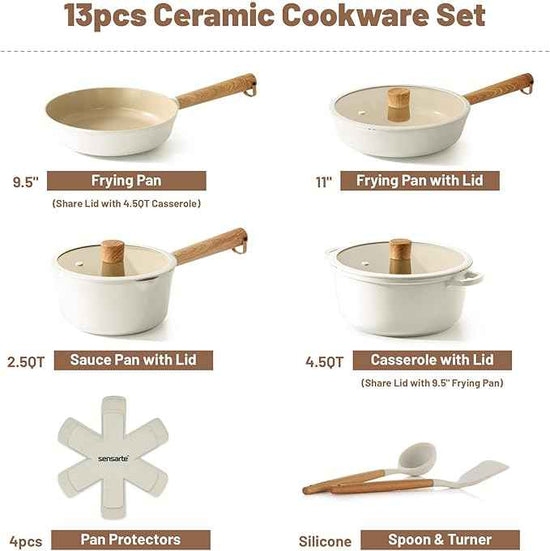 SENSARTE Ceramic Nonstick Cookware Set, Non-toxic Healthy Pots and Pans Set Ceramic Coated Kitchen Cooking Set, Free of Intentionally Added PFAS/PTFE, Dishwasher&Oven Safe Induction Compatible, 13pcs