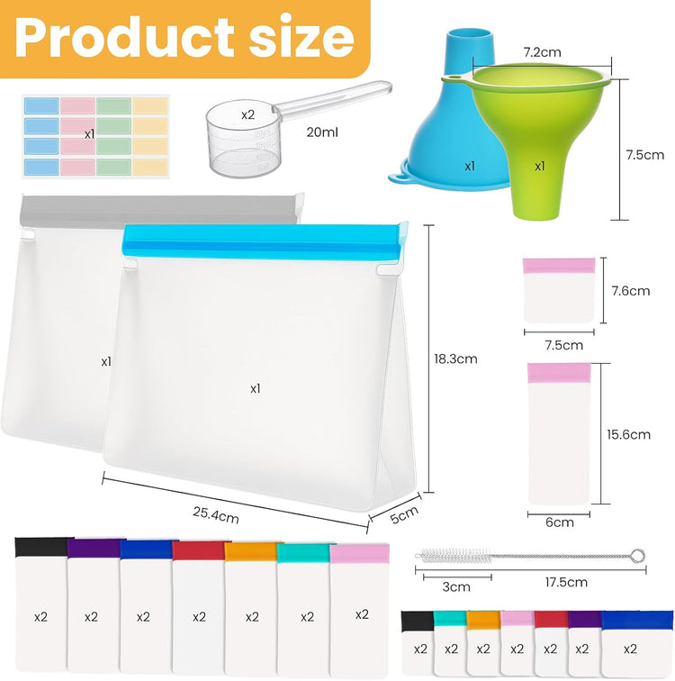 Protein Powder Travel Kit - 14 Single/Double Dose Pouches + 2 Large Storage Bags and 14 Pill Pouch Bags with Funnels, Scoops & Labels, TSA-Compliant Supplement Organizer