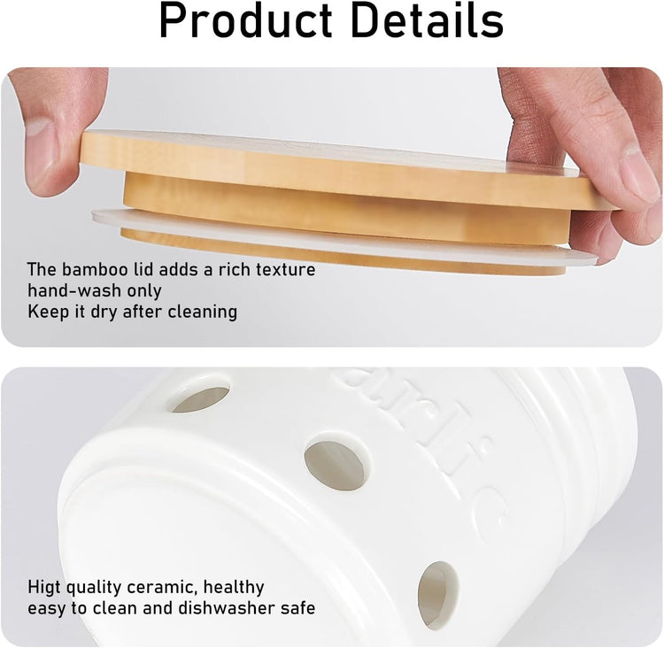 Garlic Keeper for Counter - Garlic Holder with Bamboo Lid,Garlic Container to Keep Your Garlic Cloves Fresh Longer,Large Ceramic Garlic Storage for Kitchen