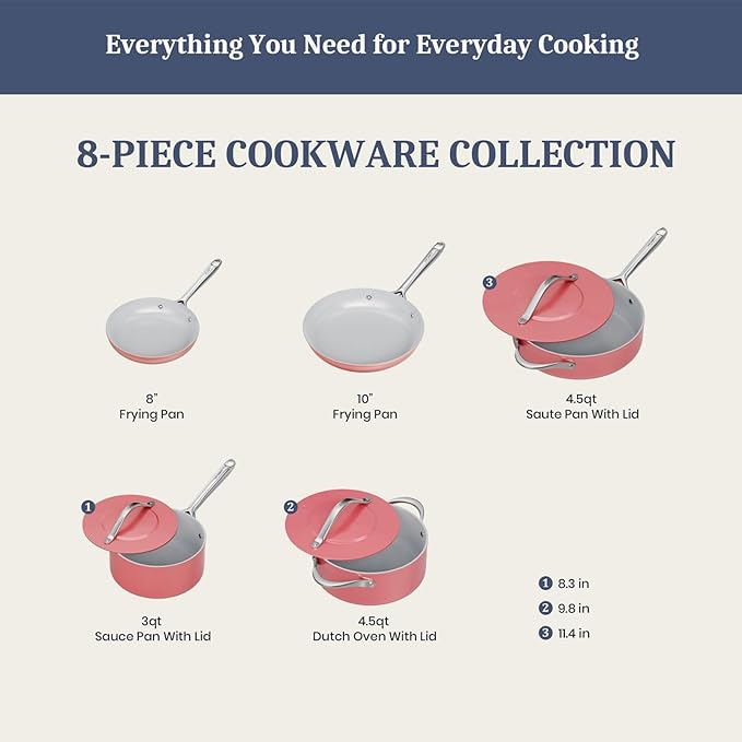 CookinCraze Ceramic Cookware Set, Pots and Pans Set Nonstick with Lid PFAS & PFOA Free, Induction Compatible Oven Safe Up to 500°F Even Heat Distribution, Coral Red
