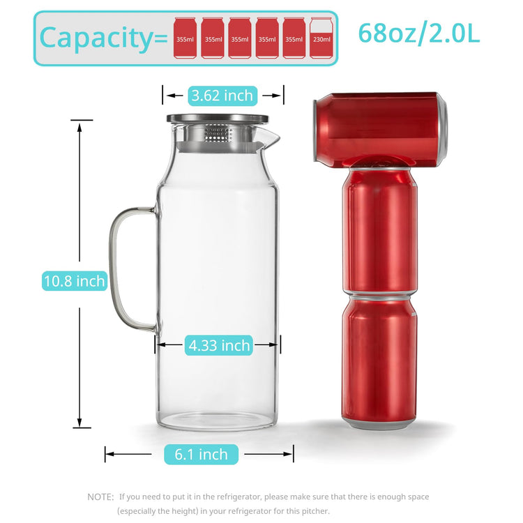 2 Liter 68 oz Glass Pitcher with Lid and Handle