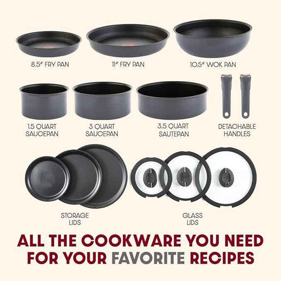 T-fal Ingenio Expertise Non Stick Cookware Set 14 Piece, Induction, Oven Broiler Safe 500F, Detachable/Removable Handle, Kitchen, Cookware, Pots and Pans, RV, Camping, Fry Pans, Dishwasher Safe, Gray