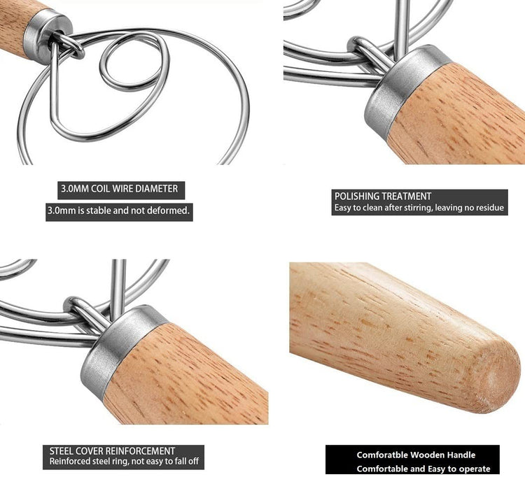 Danish Dough Whisk 13" Stainless Steel Bread Whisk Bread Making Tools Danish Dough Hook Bread Dough Mixer Hand Bread Dough Whisk for Pastry