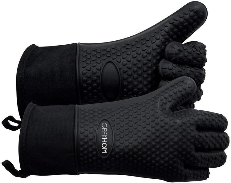 GEEKHOM BBQ Gloves, Grilling Gloves Heat Resistant Oven Gloves, Kitchen Silicone Oven Mitts, Long Waterproof Non-Slip Pot Holder for Barbecue, Cooking, Baking, Black