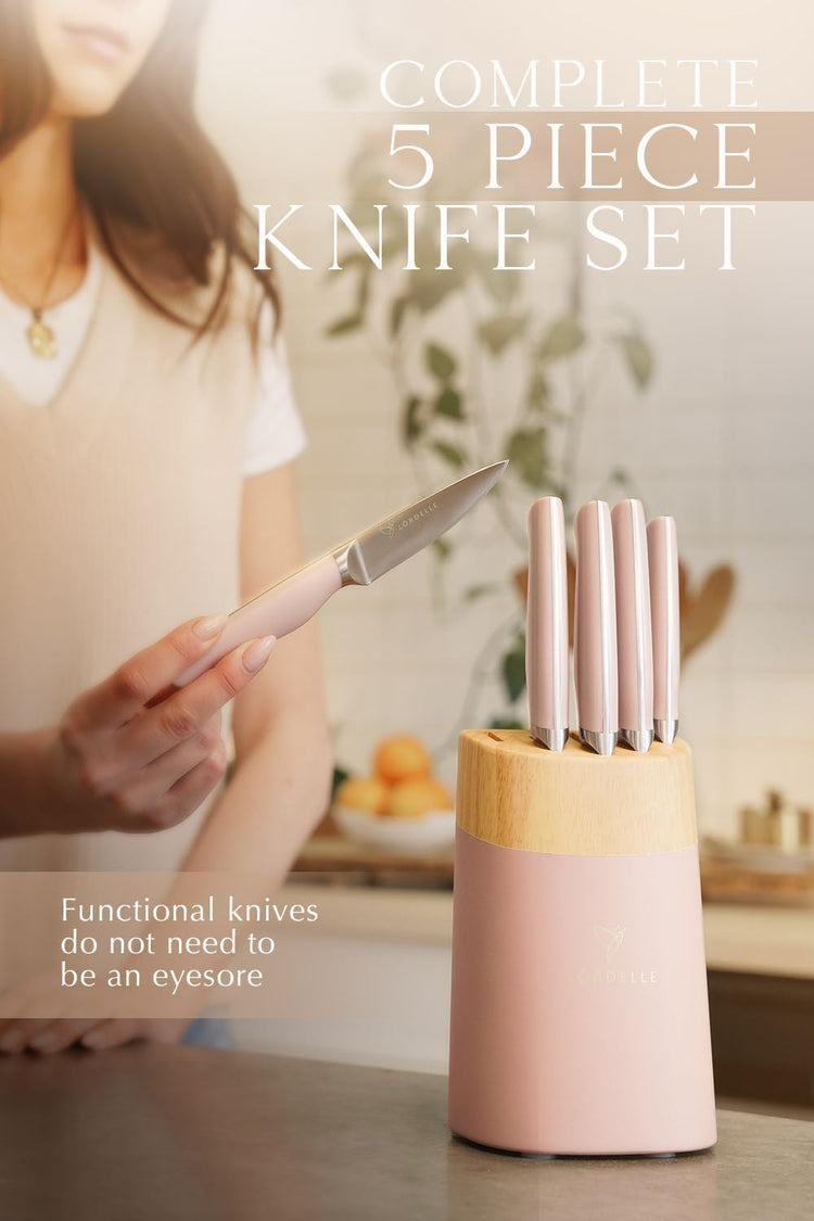 Lordelle Knife Block Set - 5 Piece Set - Rosewood Pink - Lifestyle Home Kitchen Design - German X50 Stainless Steel - ABS Handle - Ash Wood Block - Cooking Chef Knife, Santoku, Paring, Utility