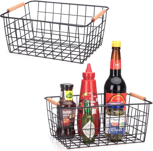 LeleCAT Wire Baskets with Wooden Handles, Wire Storage Organizer Baskets , Household Refrigerator for Cabinets, Pantry, Closets, Bedrooms - Set of 4（Black