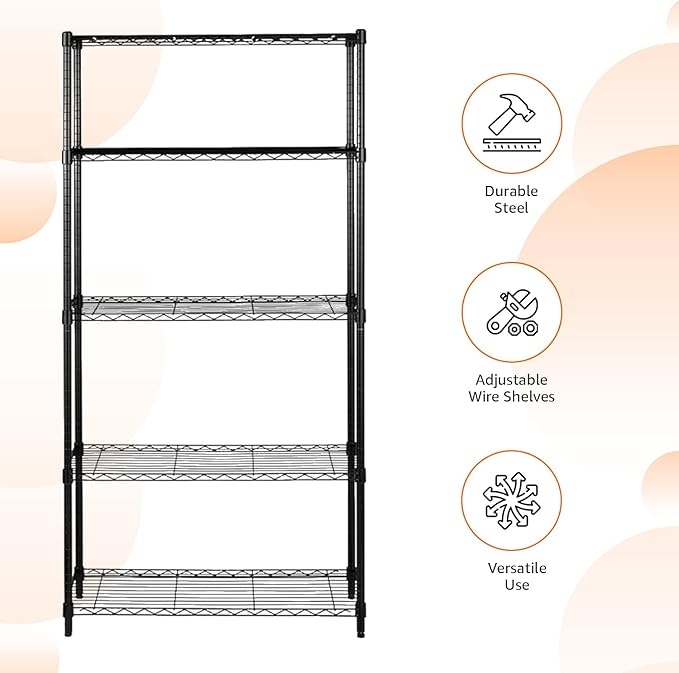 Amazon Basics 5-Shelf Steel Wire Rack Storage, 36" L x 14" W x 72" H, Black | Heavy Duty, Adjustable, for Kitchen, Garage, Shelving Organizer