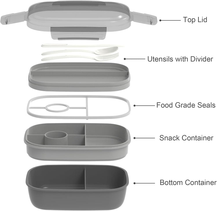 JBGOYON® Bento Lunch Box Set - 3 Stackable Containers for Adults and Kids- Includes Lunch Bag, Leak-Proof and BPA-Free - Built-in Utensil Set and Snack Bag - Dishwasher Safe(Grey Black)
