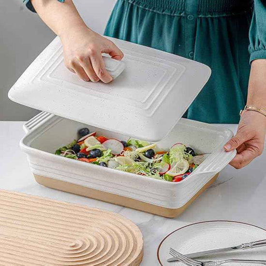 HVH Ceramic Casserole Dish with Lid - Oven Safe, 9x13 Rectangular Baking Dish, 3.5 Quart, Farmhouse Style (White)
