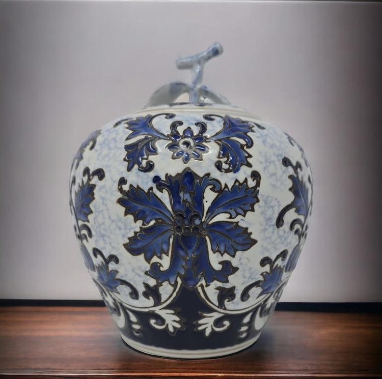 Blue and White Porcelain Tea Canister with Ginger Leaf Lid