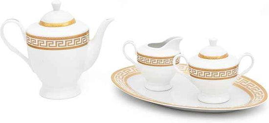 Porcelain Dinnerware Set for 8 - Luxurious 49 Piece Dish Set - White and Gold Greek Key Design - Dinner Plates, Bowls, Cups and Saucers for Everyday Dishes or Formal Occasions (Meander Gold 2049)