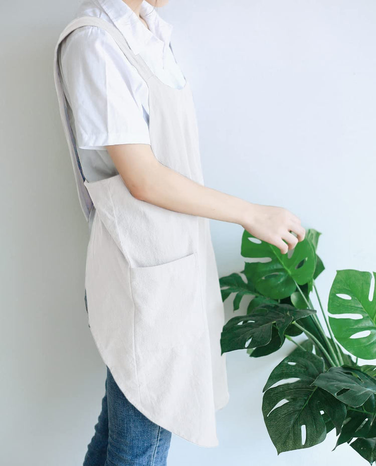 Japanese Linen Cross Back Kitchen Cooking Aprons for Men with Pockets for Baking Painting Gardening Cleaning White