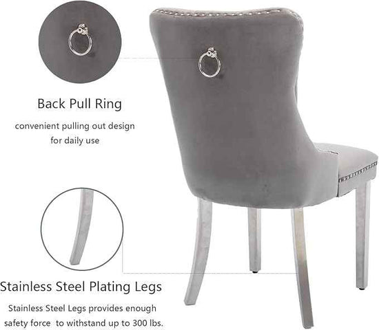 Velvet Dining Chairs Set of 2, Upholstered Dining Room Chairs with Back Ring Pull Trim and Sliver Stainless Steel Legs,Tufted Wingback Chair Perfect for Dining Room,Kitchen(Grey)