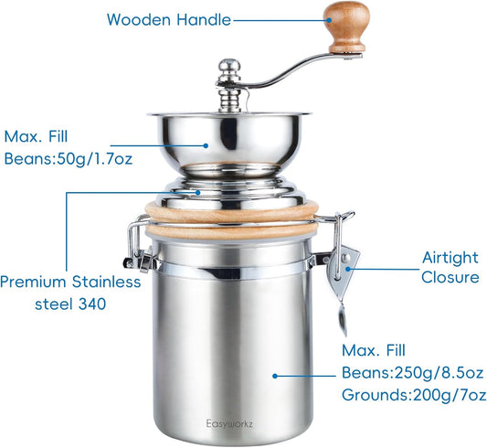 Easyworkz Manual Coffee Grinder - Adjustable Settings, Airtight Canister - Coffee Bean Mill Tool for Kitchen, Hand Crank Coffee Grinder