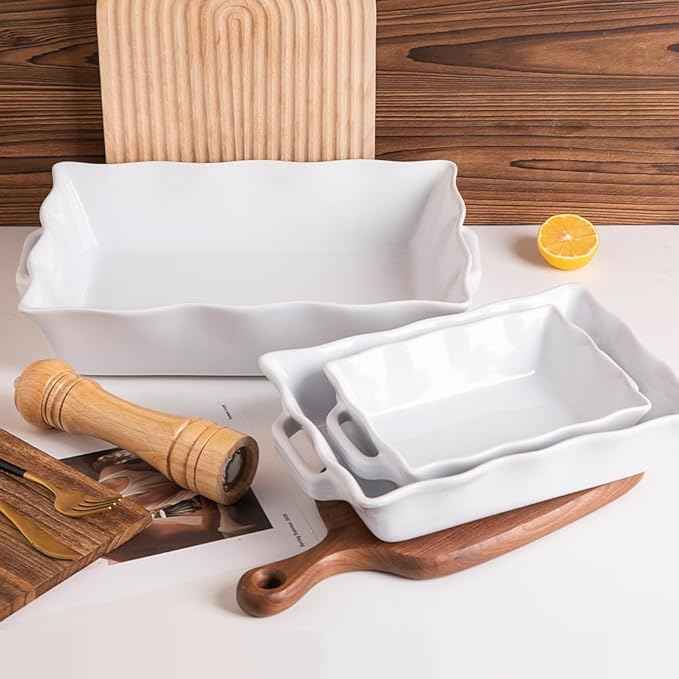 Sweejar Casserole Dishes for Oven, Ceramic Bakeware Set of 3, Rectangular Baking dish with Handles, Wave Edge Lasagna Pan Deep for Cooking, Cake, Dinner, Banquet and Daily Use (White)