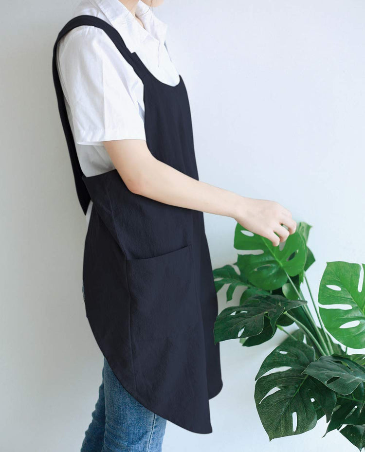Japanese Linen Cross Back Kitchen Cooking Aprons for Men with Pockets for Baking Painting Gardening Cleaning Black