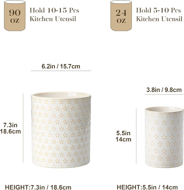 MALACASA LYDIA Ceramic Utensil Holders, 7.3"+5.5" Kitchen Utensil Crock Set for Countertop, Large & Small Utensil Organizers for Cooking Tools, Five-Leaf Grass Pattern