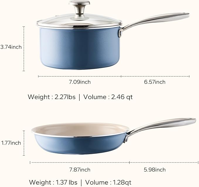 Redchef Sauce Pan Cookware Set, 8" Non-Stick Ceramic Frying Pan & 2.5QT Saucepans with Tempered Glass Lid, Stay-Cool Handle, Non Toxic PTFE & PFOA Free, Oven Safe & Stovetop Suitable, Blue