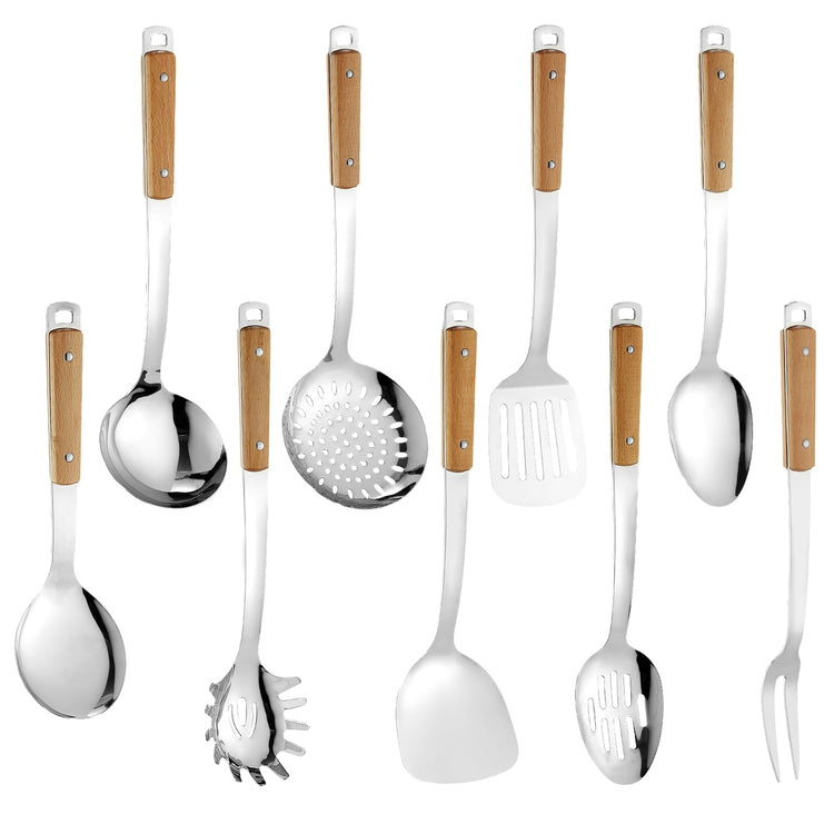 9pcs Cooking Utensils Set 304 Stainless Steel Kitchen Utensils with Wooden Hanlde Metal Kitchen Utensils Soup Ladle Set Dishwasher Safe Kitchen Essentials Set Kitchen Tool Set (9 Count)