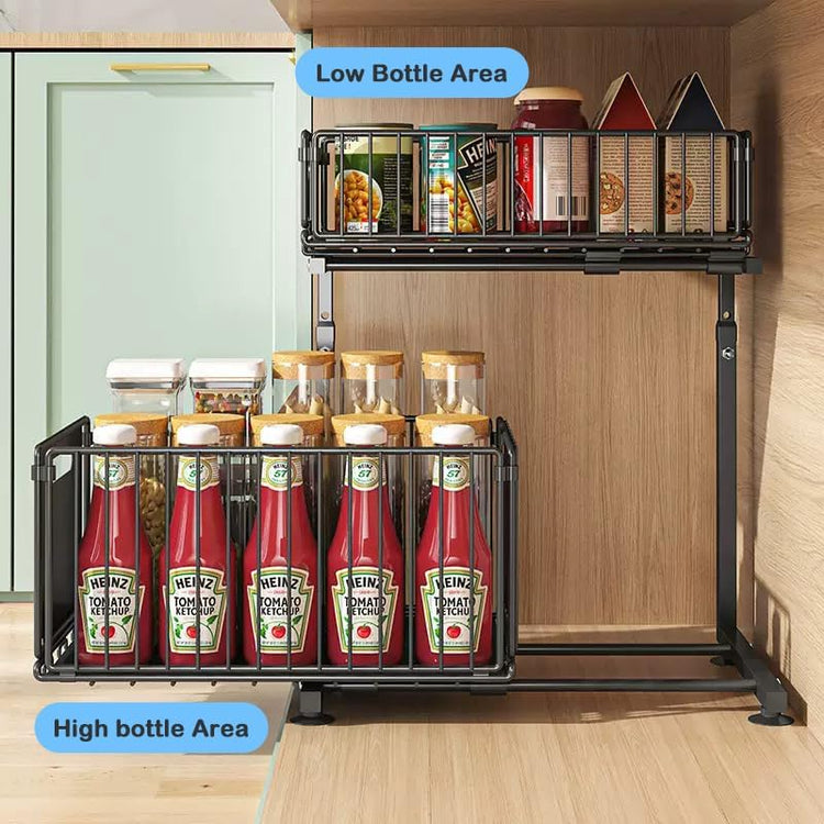 Under Sink Organizer with Adjustable Height, 2 Tier Pull Out Cabinet Design, Sliding Sink Shelf for Enhanced Storage Capacity, Counter Organizer Storage for Kitchen & Bathroom, Black, 2 Pack