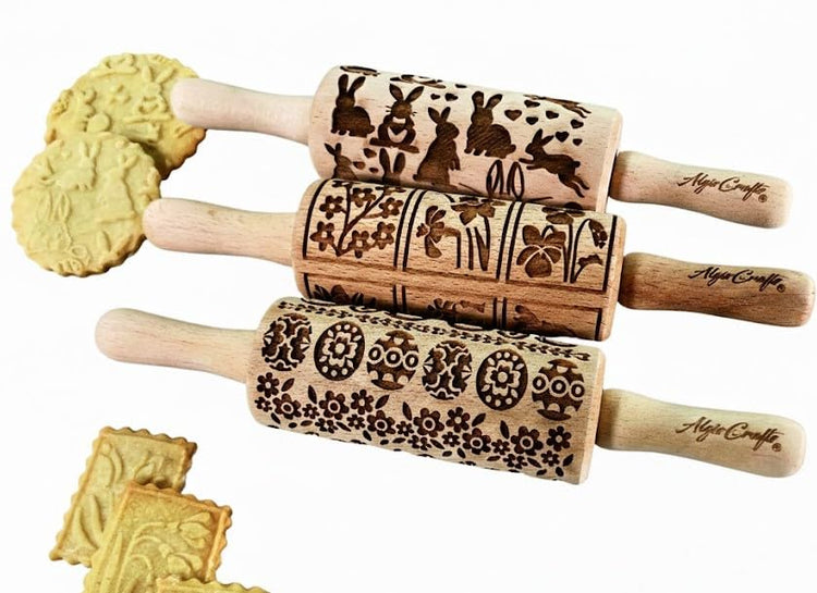 EASTER 3 Mini Embossed Rolling Pin Set. Wooden Laser Cut Embossing Rolling Pins for Embossed Cookies. Easter