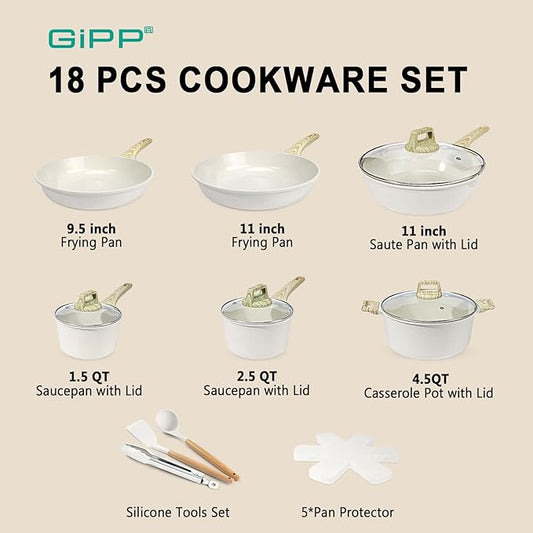 GiPP Ceramic Pots and Pans Set Non Stick - 18 Pcs Nonstick Cookware Set, Non-toxic Healthy Kitchen Cooking Set w/Frying Pans Set, Dishwasher Safe, PFAS PTFE PFOA PFOS Free, Cream White