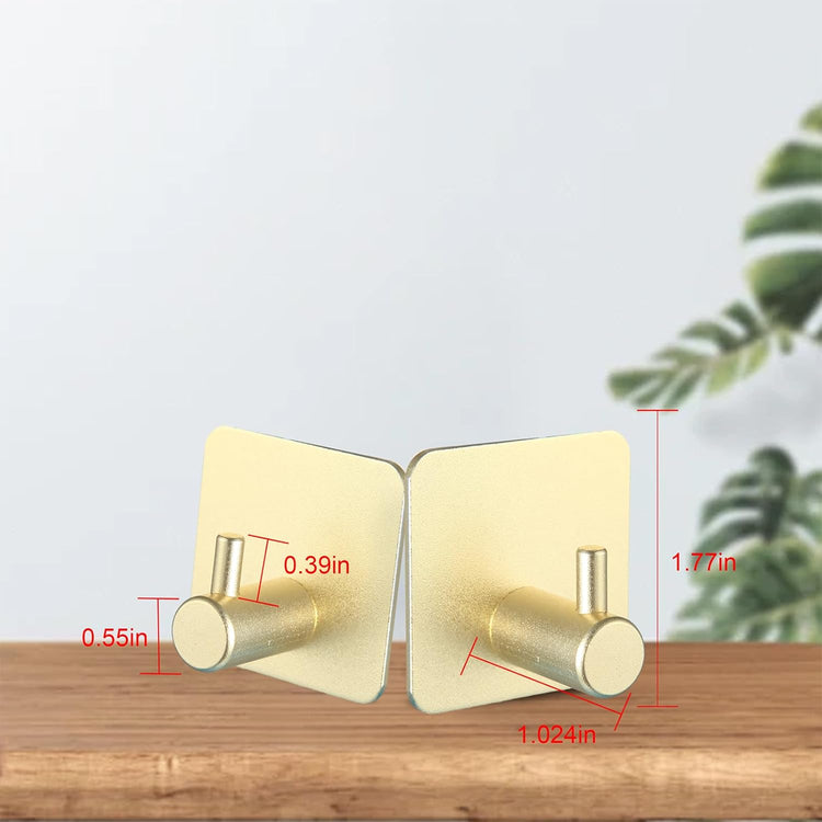 Aluminum Wall Hooks, No Drill Damage-Free Adhesive Hook, Product for Hanging Heavy Duty for Bathroom Kitchen Home (Single Square Gold Hook, 4)