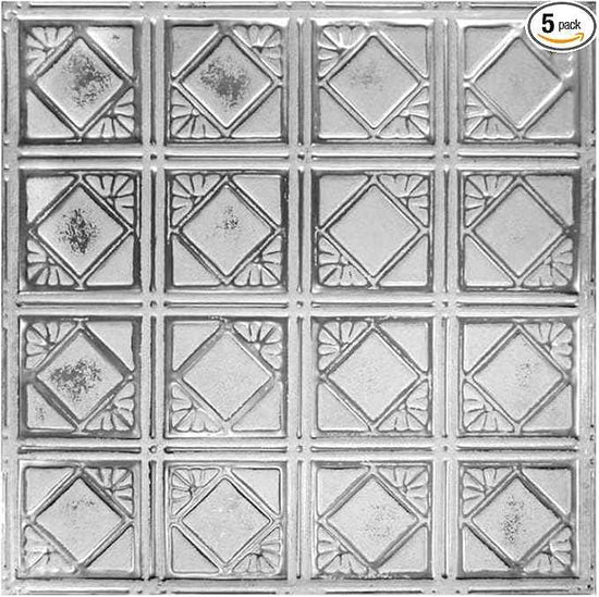 American Tin Ceilings Tin Backsplash [5-Pack with Trim Kit] in Pattern #19 and Silver Washed White Color 24" x 24" (20 Sq Ft) for Kitchens | Genuine Tin | Made in The USA | Model: kit5-b-p19-sww