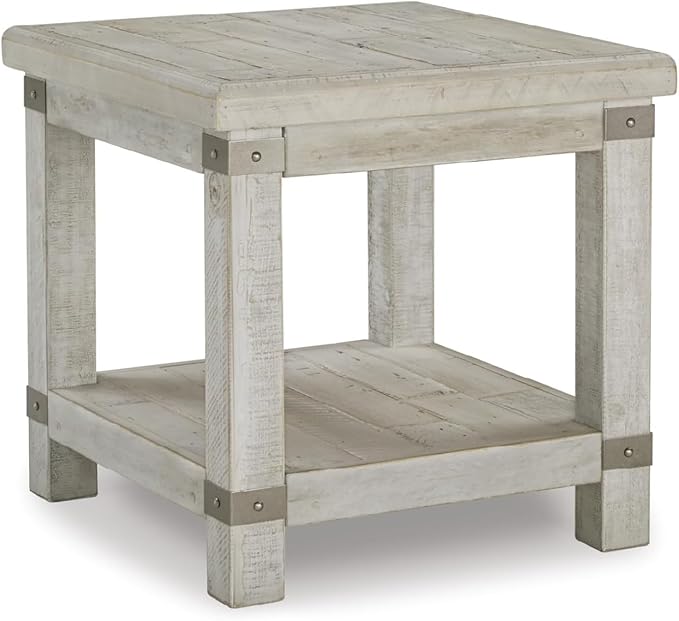Signature Design by Ashley Carynhurst Farmhouse Rectangular End Table with Lower Shelf, 2 Electrical Outlets and 2 USB Ports, Wood, 24" High, Light Gray