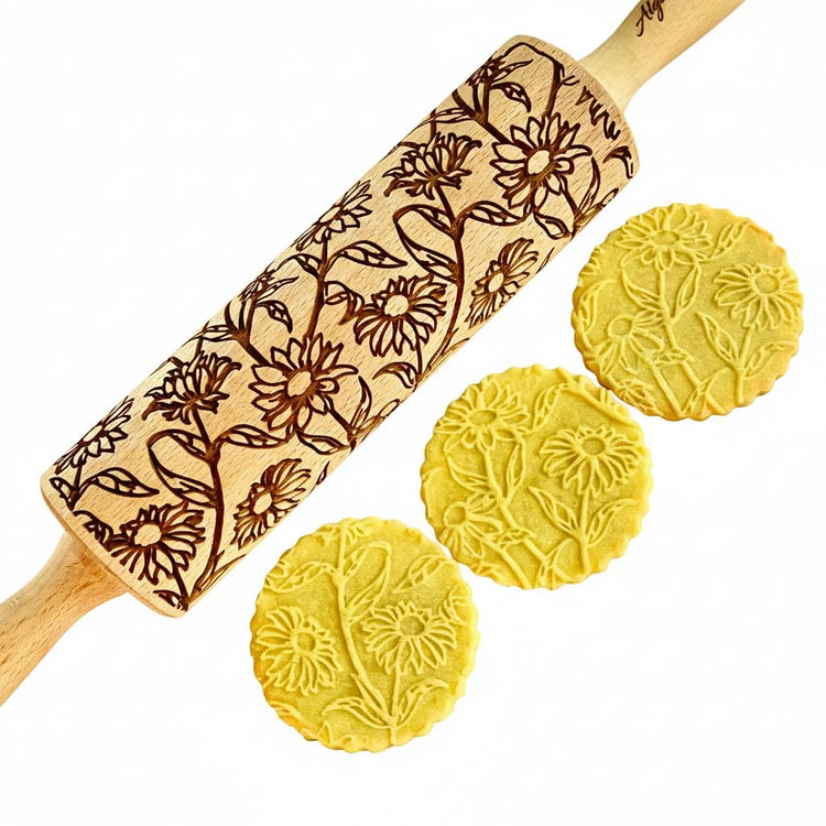 Embossing Rolling Pin GOLDEN DAISIES with Ornamental Bloom Pattern