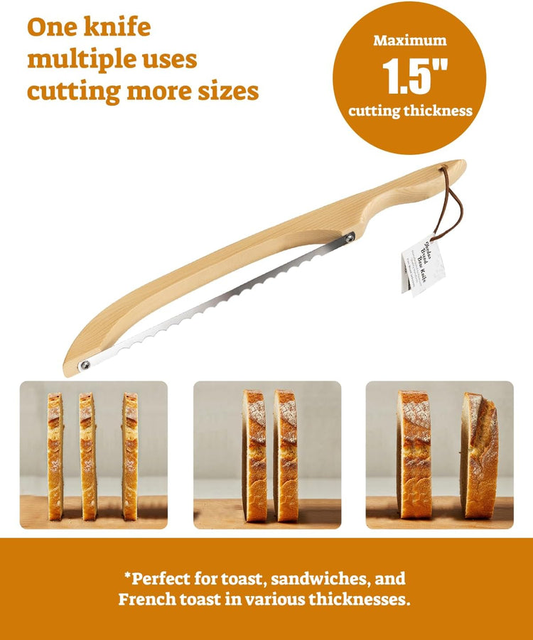16.5” Bread slicer for Homemade Bread, Serrated Bread Knife for homemade bread with Bow Design, Premium Bread Knife, Bread Slicer, Bread Cutter for Bagels, Baguettes, Natural Wood