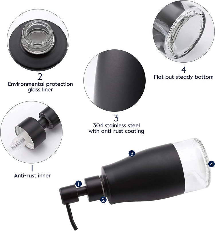 Black Soap Dispenser with Coasterand Stickers, Refillable Liquid Stainless Steel Soap Dispenser for Kitchen Sink, Bathroom Countertop (11OZ / 320ML)