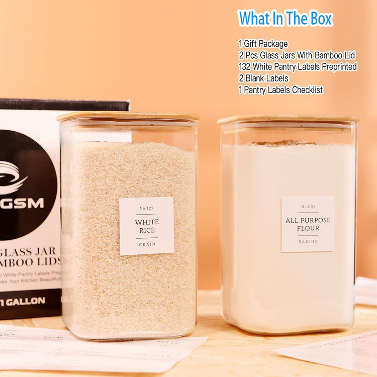 2 Pack Square Glass Flour and Sugar Containers with 132 Kitchen Pantry Labels (2 Count)