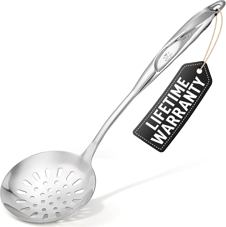 Zulay Kitchen Stainless Steel Slotted Serving Spoon - Large Frying Spoon Skimmer - Durable Utensil with Ergonomic, Easy to Use Handle - Easy to Clean, Perfect for at Home Cooks & Chefs - 14.5”