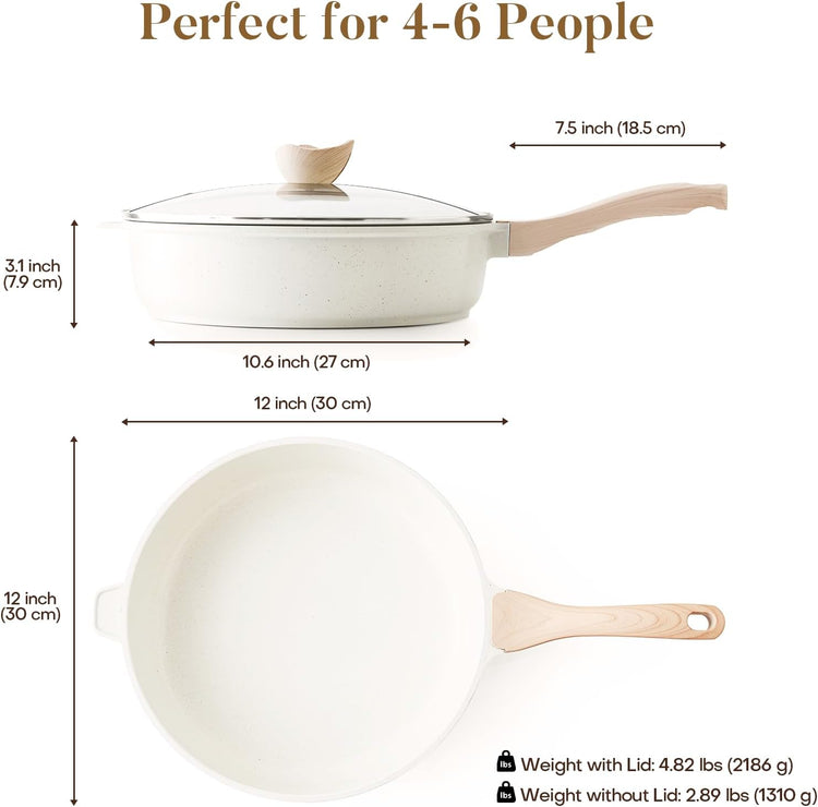 Nonstick Ceramic Deep Frying Pan, 12 Inch Non Toxic Large Skillet with Lid, 5 Qt Healthy Jumbo Cooker, Saute Pan for Cooking, Induction Cookware, PFOA & PFAS Free (Cream)