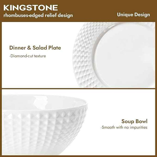 KINGSTONE Bone China Dinnerware Set, 24-Piece White Lightweight Porcelain for 8, Plates and Bowls with Rhombus patterned edge design, Microwave and Dishwasher Safe, for Family, Restaurant, Gifting