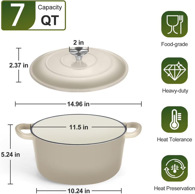 P&P CHEF 7QT Enameled Dutch Oven, Cast Iron Dutch Oven Pot with Lid for Bread Baking, Enameled Casserole Pot for Roasting Braising Stewing Frying Simmering, Various Stoves & Easy Clean, Khaki - Nestoria
