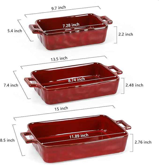 VICRAYS Ceramic Bakeware Set, Porcelain Rectangular Baking Dish, Baking Pan Lasagna Pans Casserole Dish Set for Cooking, Kitchen, Cake Dinner, Banquet, 3 PCS, 15 x 8.5 Inches (Cherry Red)