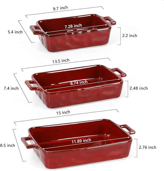 VICRAYS Ceramic Bakeware Set, Porcelain Rectangular Baking Dish, Baking Pan Lasagna Pans Casserole Dish Set for Cooking, Kitchen, Cake Dinner, Banquet, 3 PCS, 15 x 8.5 Inches (Cherry Red)