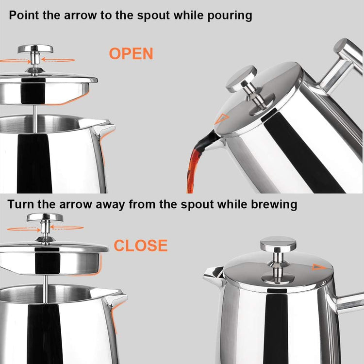 Secura French Press Coffee Maker, 17-Ounce, 304 Stainless Steel Insulated Coffee Press with Extra Screen