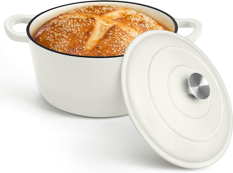 P&P CHEF 7QT Enameled Dutch Oven, Cast Iron Dutch Oven Pot with Lid for Bread Baking, Enameled Casserole Pot for Roasting Braising Stewing Frying Simmering, Various Stoves & Easy Clean, White - Nestoria