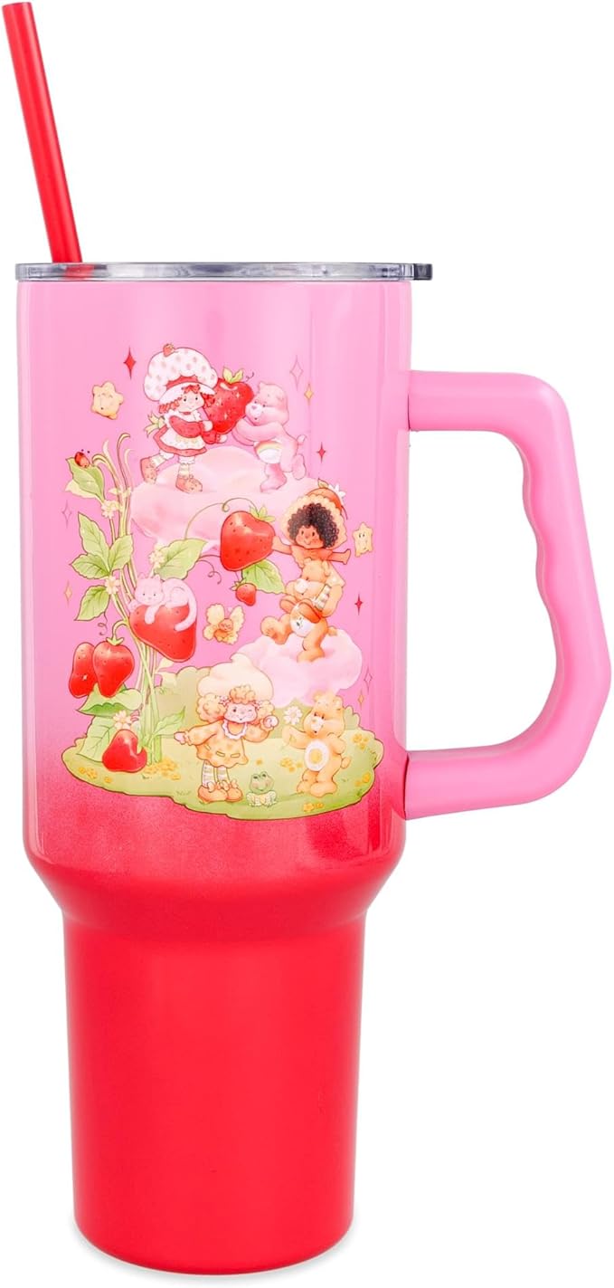 Silver Buffalo Care Bears and Strawberry Shortcake Ombre Double Walled Stainless Steel Tumbler with Handle, Fits in Standard Cup Holder, 40 Ounces