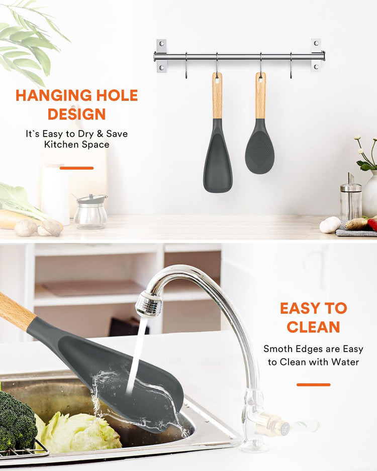 Cooking Spoon and Rice Scooper for Nonstick Cookwares, Great for Cooking and Serving Sturdy BPA-Free Matte Silicone, Wood Handle Spoon for Mixing, Scoop, and Scrape (GREY) - Nestoria
