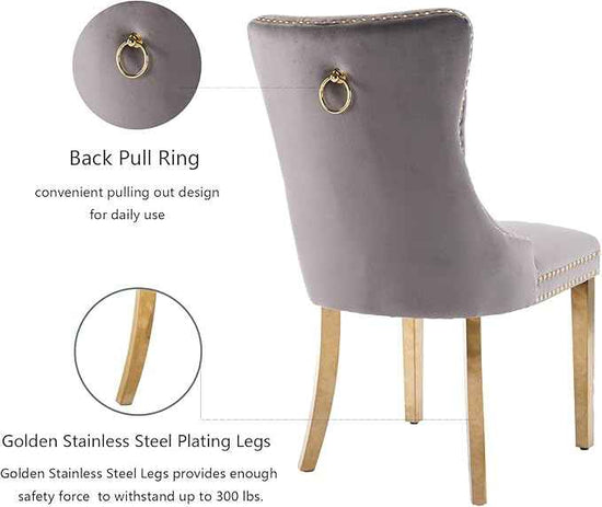 Grey Velvet Dining Chairs Set of 6, Upholstered Dining Room Chairs with Back Ring Pull Trim and Golden Stainless Steel Legs,Modern Kitchen Chairs for Dining Room,Living Room,Kitchen(Grey)