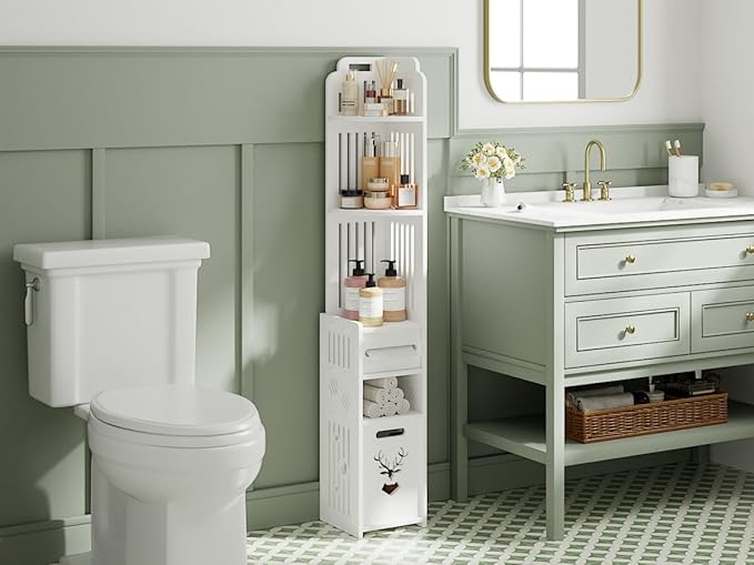 VECELO Storage Cabinet for Small Spaces,Skinny Toilet Paper Holder Stand with 3 Shelves,No Drills, (White, 3Shelf+1Drawer)