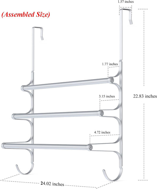 Over The Door Towel Rack, Triple Towel Storage Holder with Hooks, 24.02 Inches Towel Bar Hanger Towel Racks for Bathroom (Silver)